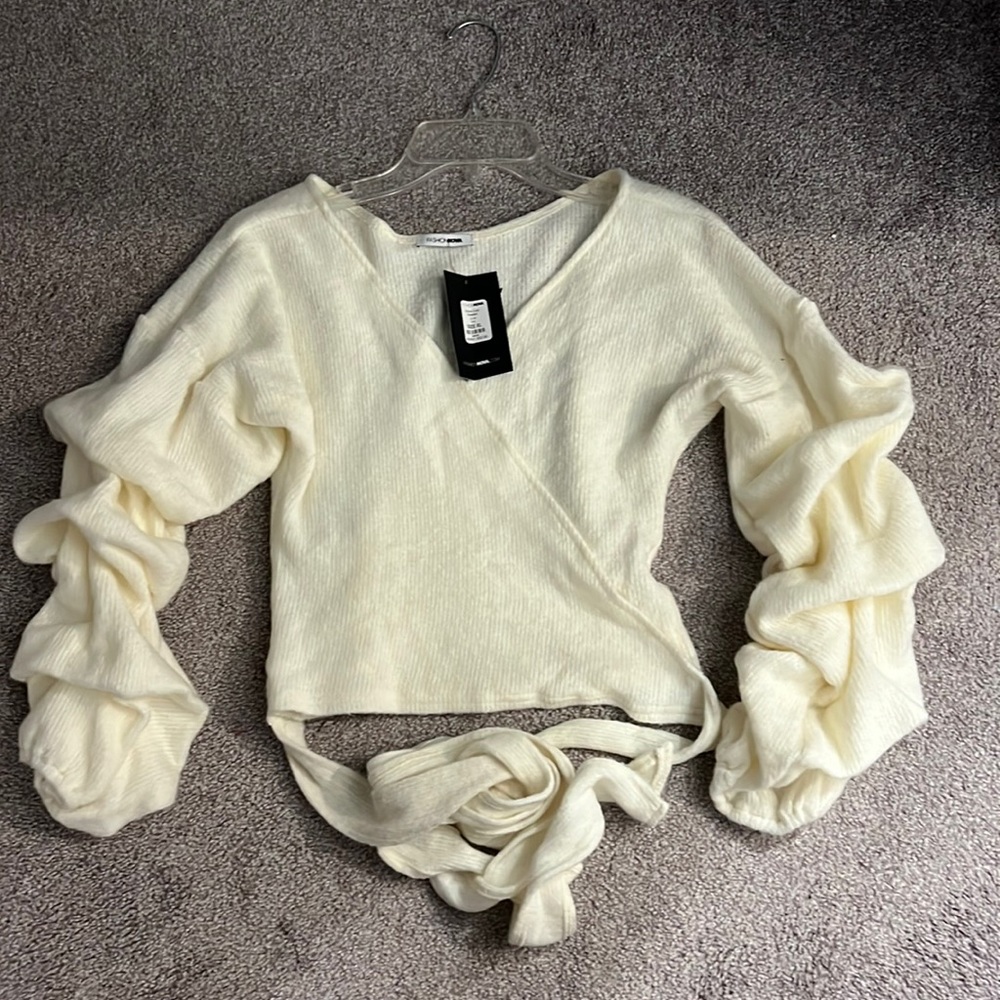 Cream Surplice Sweater With Ruffle Sleeves and Tied Back